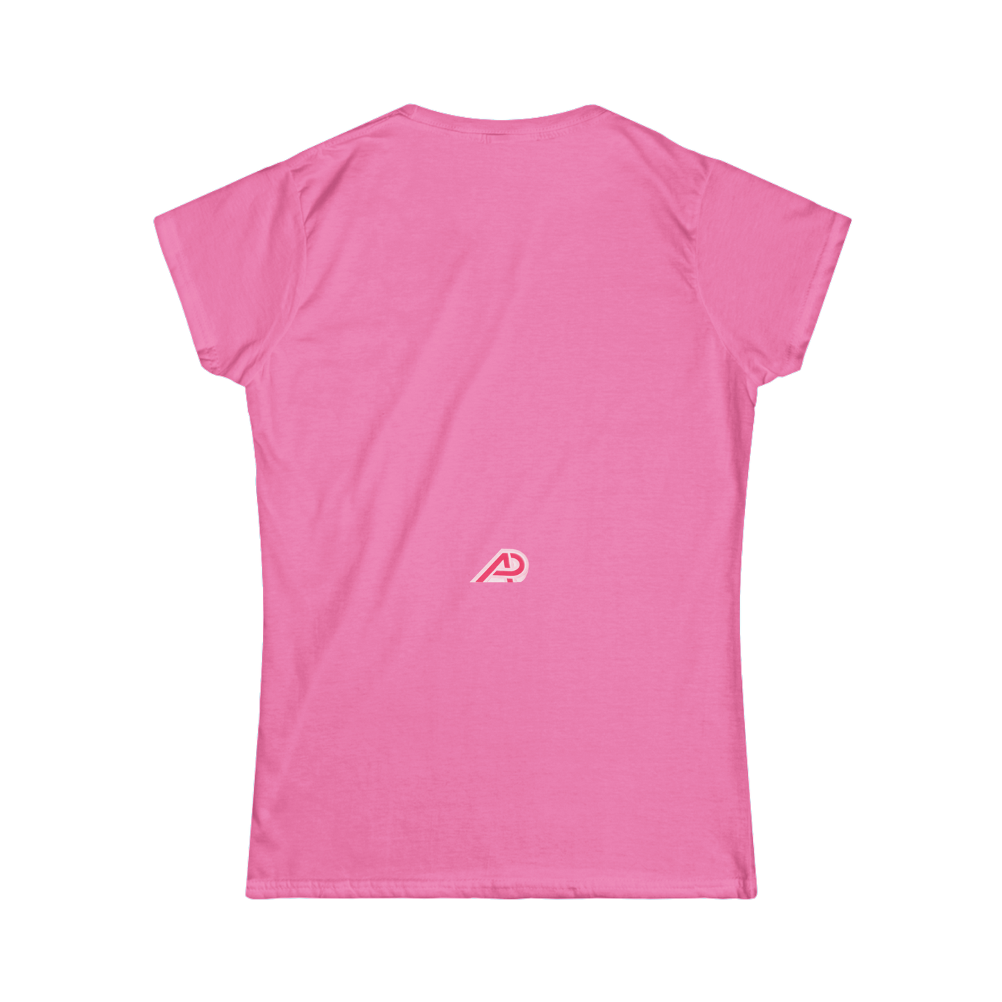 Pink t-shirt with a logo on the back against a white background