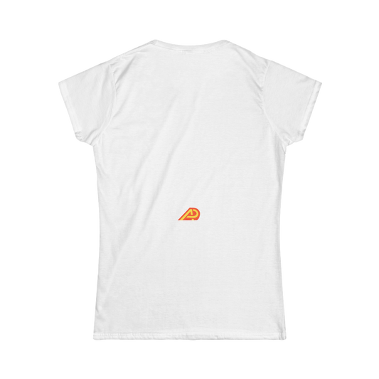 White t-shirt with a small orange logo on the chest against a white background