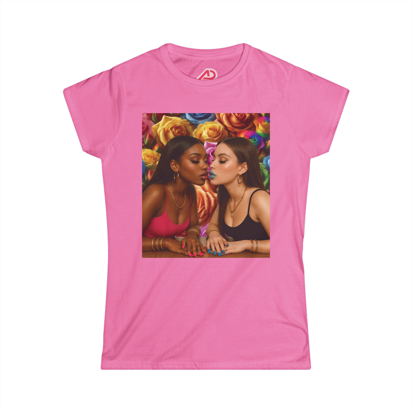 Pink t-shirt with a graphic of two women and flowers on a white background