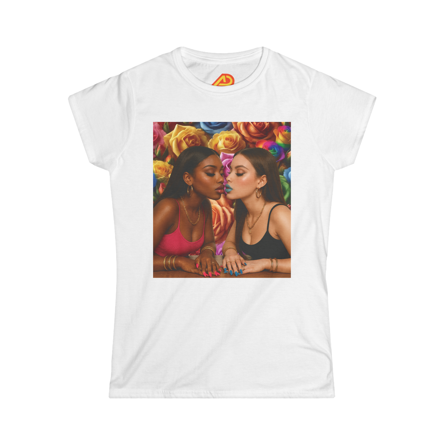 White t-shirt with a graphic of two women kissing and colorful roses on a white background