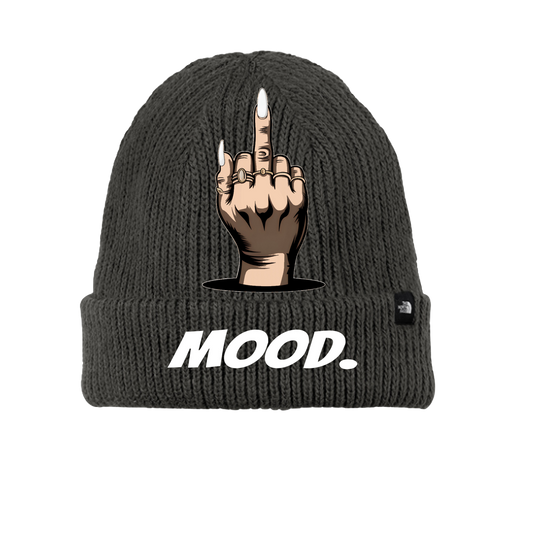A ribbed knit beanie featuring a raised middle finger graphic and the word "MOOD." on the cuff, fleece-lined for warmth.
