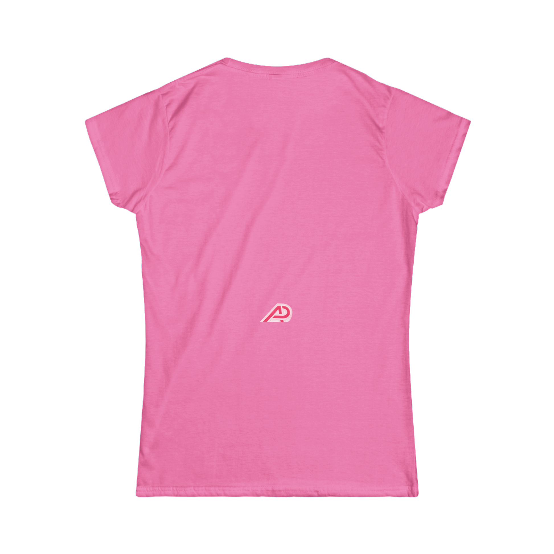 Pink t-shirt with a logo on the back against a white background