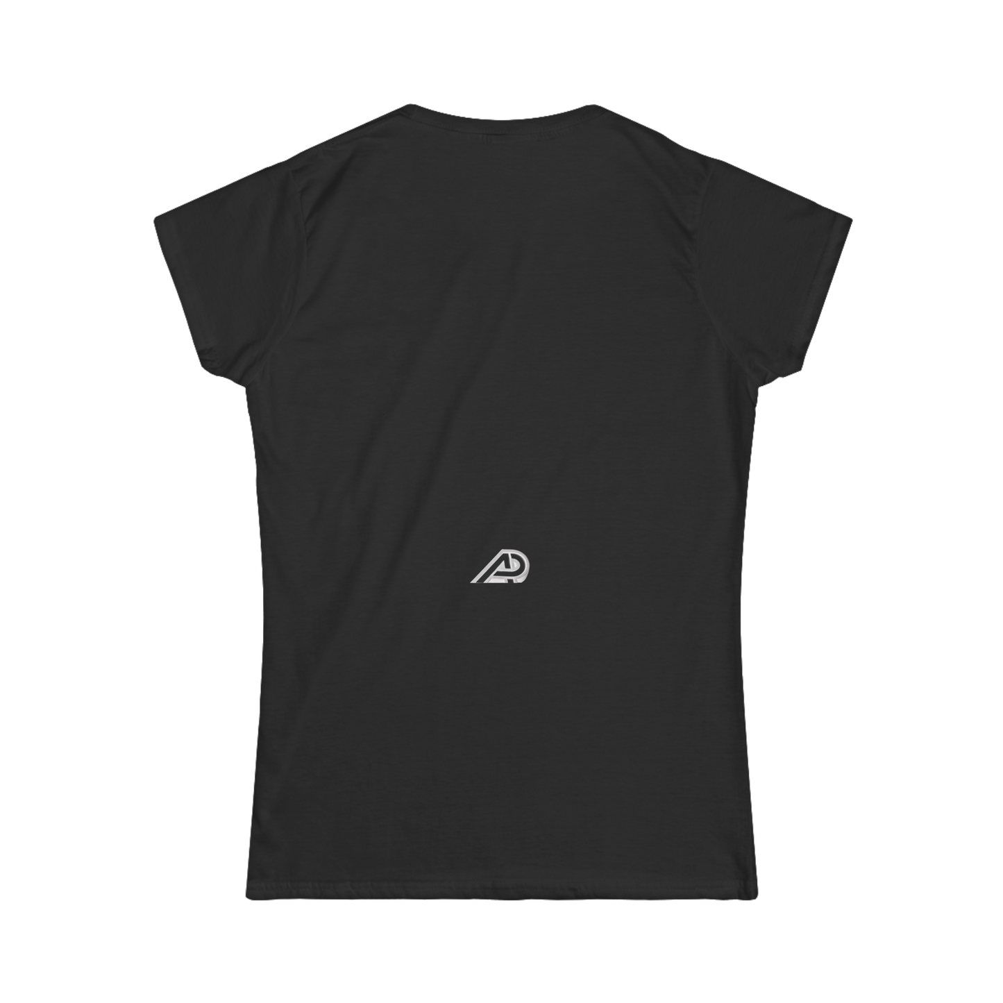 Black t-shirt with a logo on the back against a white background