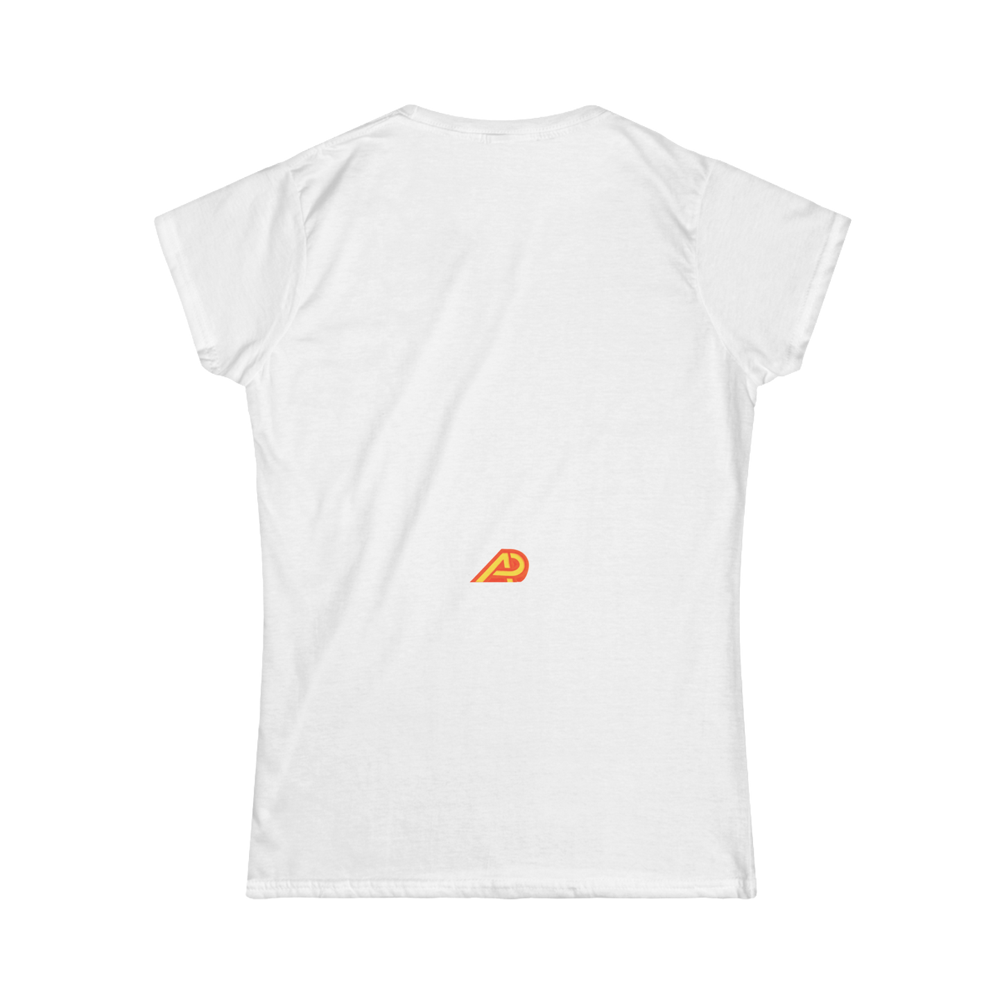White t-shirt with a small orange logo on the chest against a white background