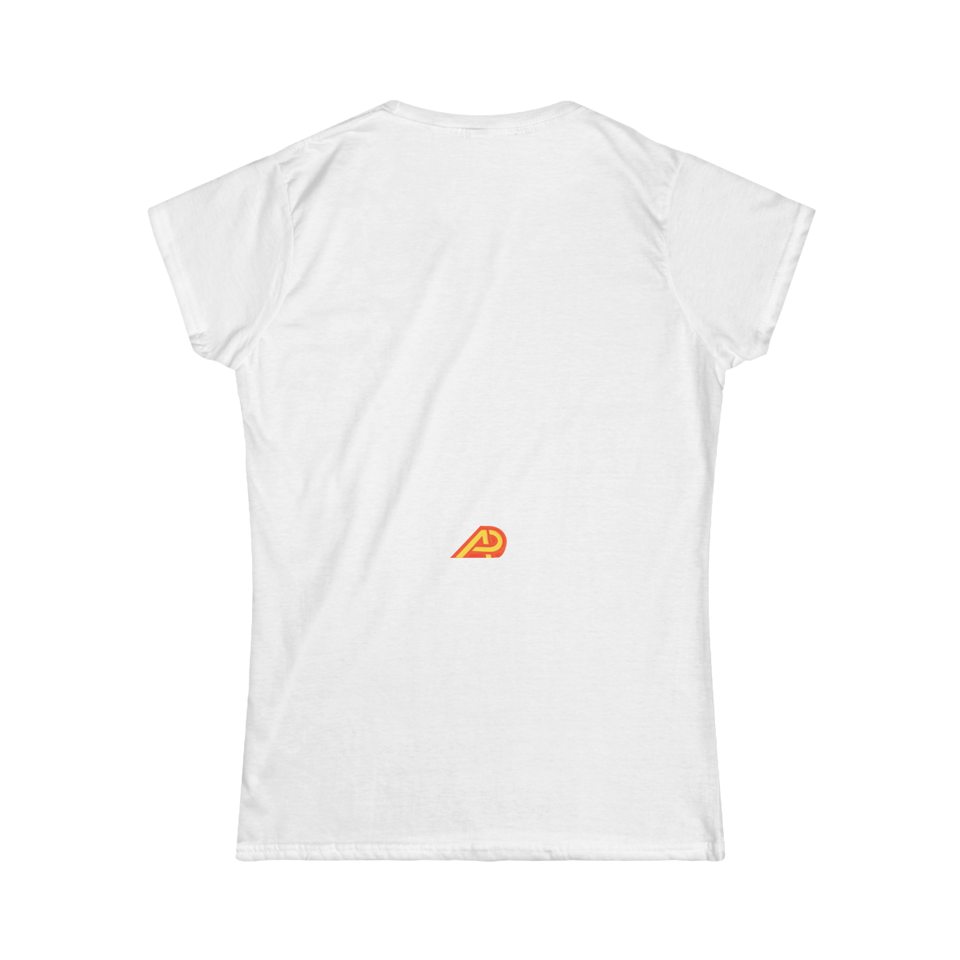 White t-shirt with a small orange logo on the chest against a white background