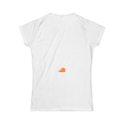 White t-shirt with a small orange logo on the chest against a white background