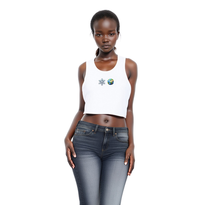 Model in micro ribbed racerback tank with icy snowflake and globe graphic. Fitted streetwear style available in black, white, and gray.