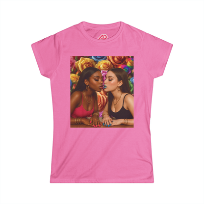 Pink t-shirt with a graphic of two women and flowers on a white background