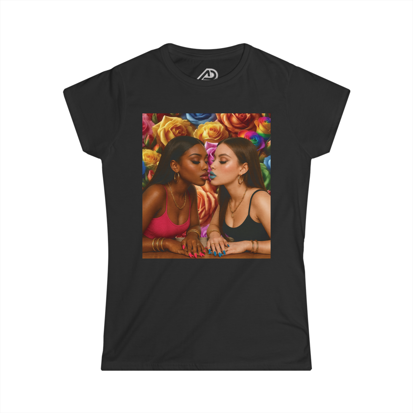 Black t-shirt with a colorful graphic of two women and flowers on a white background