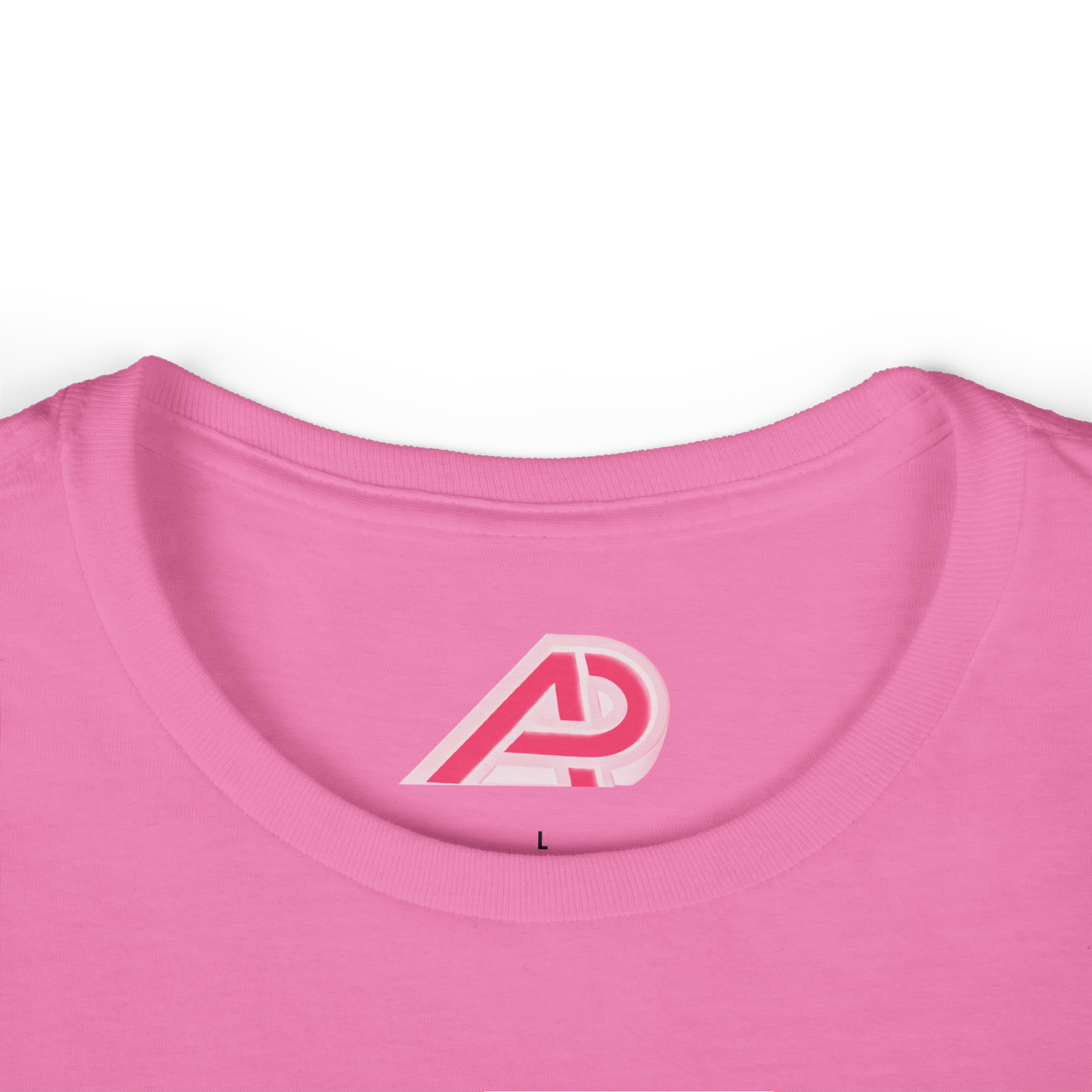 Close-up of a pink shirt with a logo on the collar against a white background