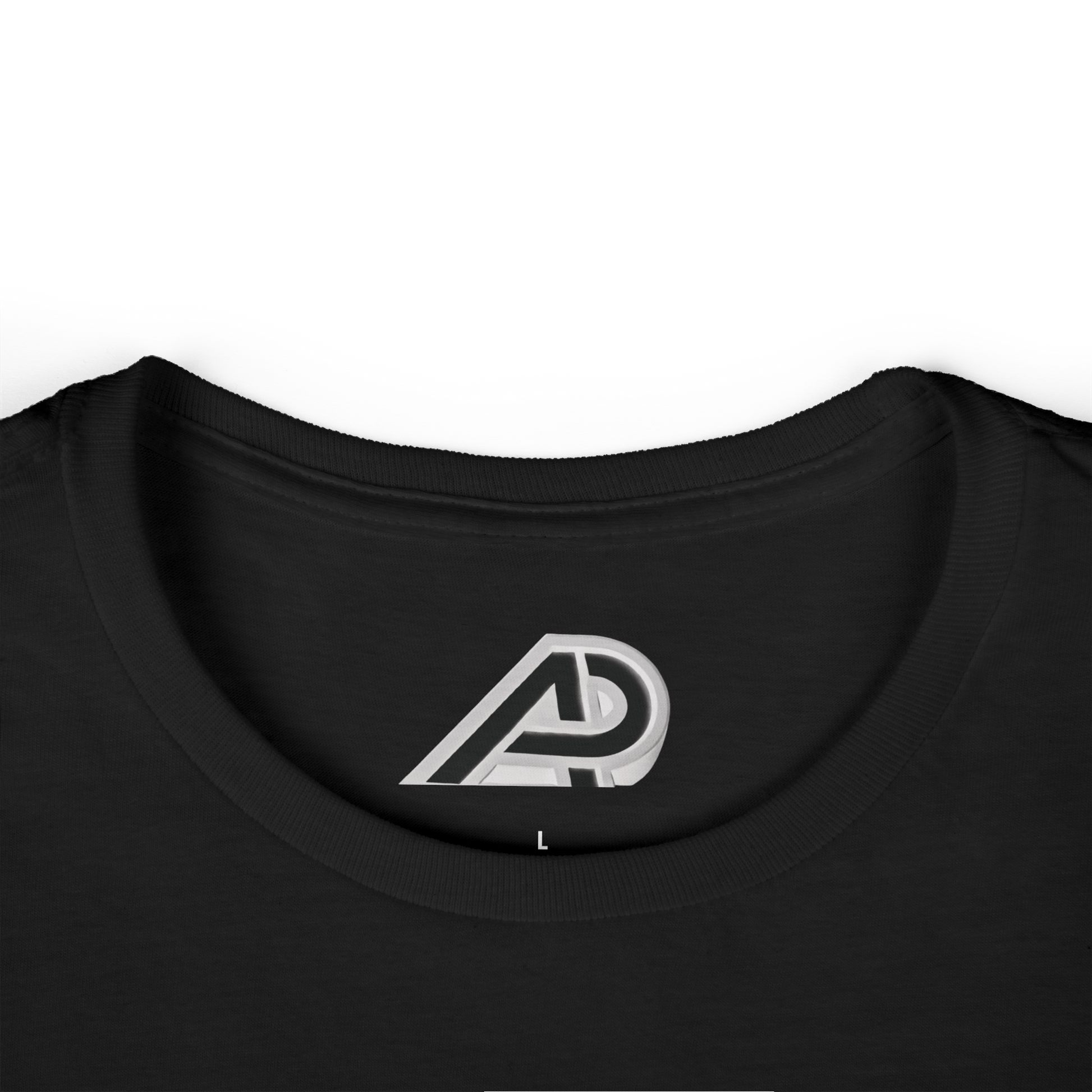 Black t-shirt with a white logo on the collar against a white background