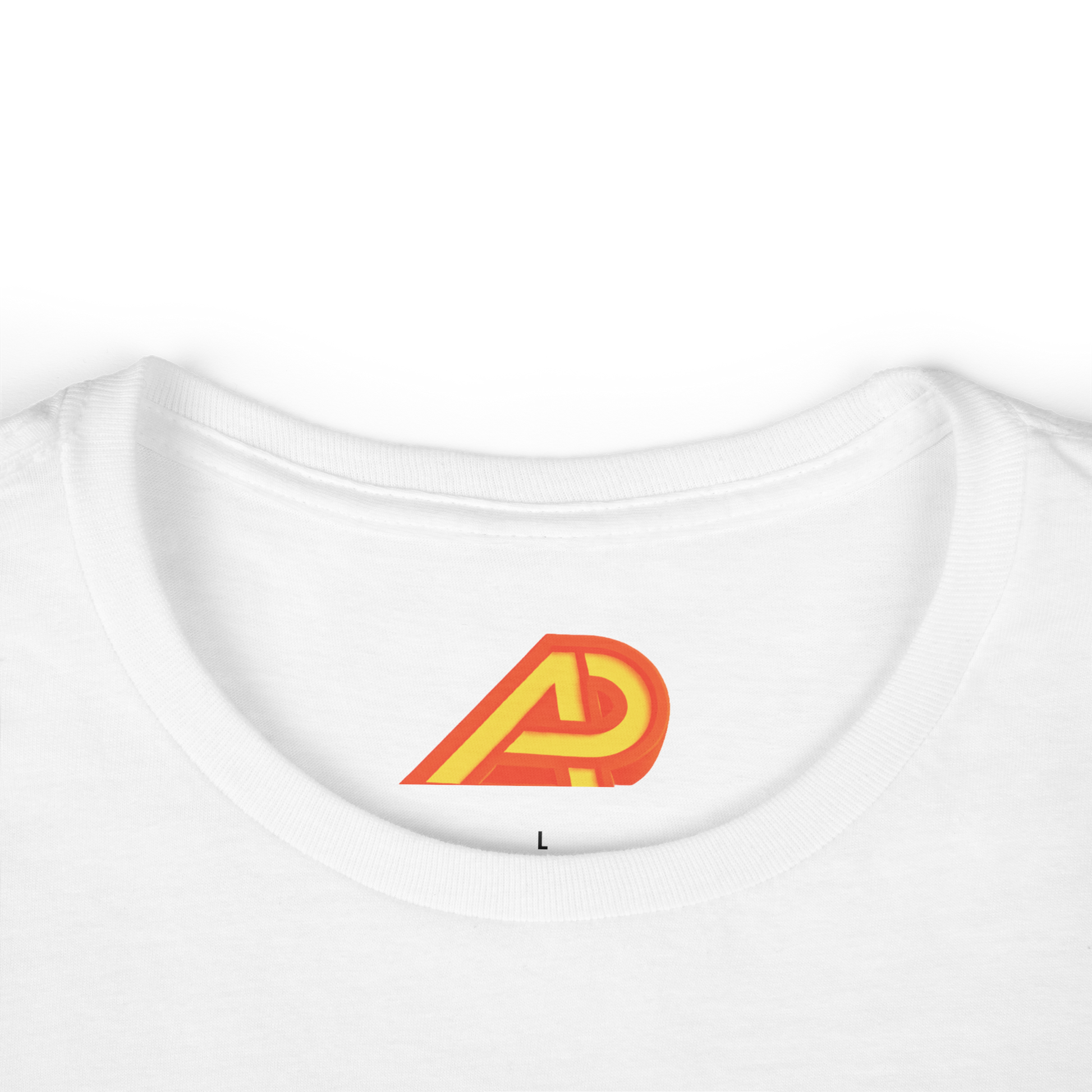 White t-shirt with a red and yellow logo on a white background