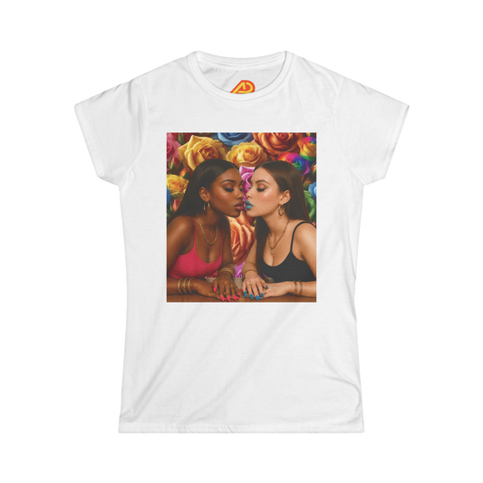 White t-shirt with a graphic of two women kissing and colorful roses on a white background