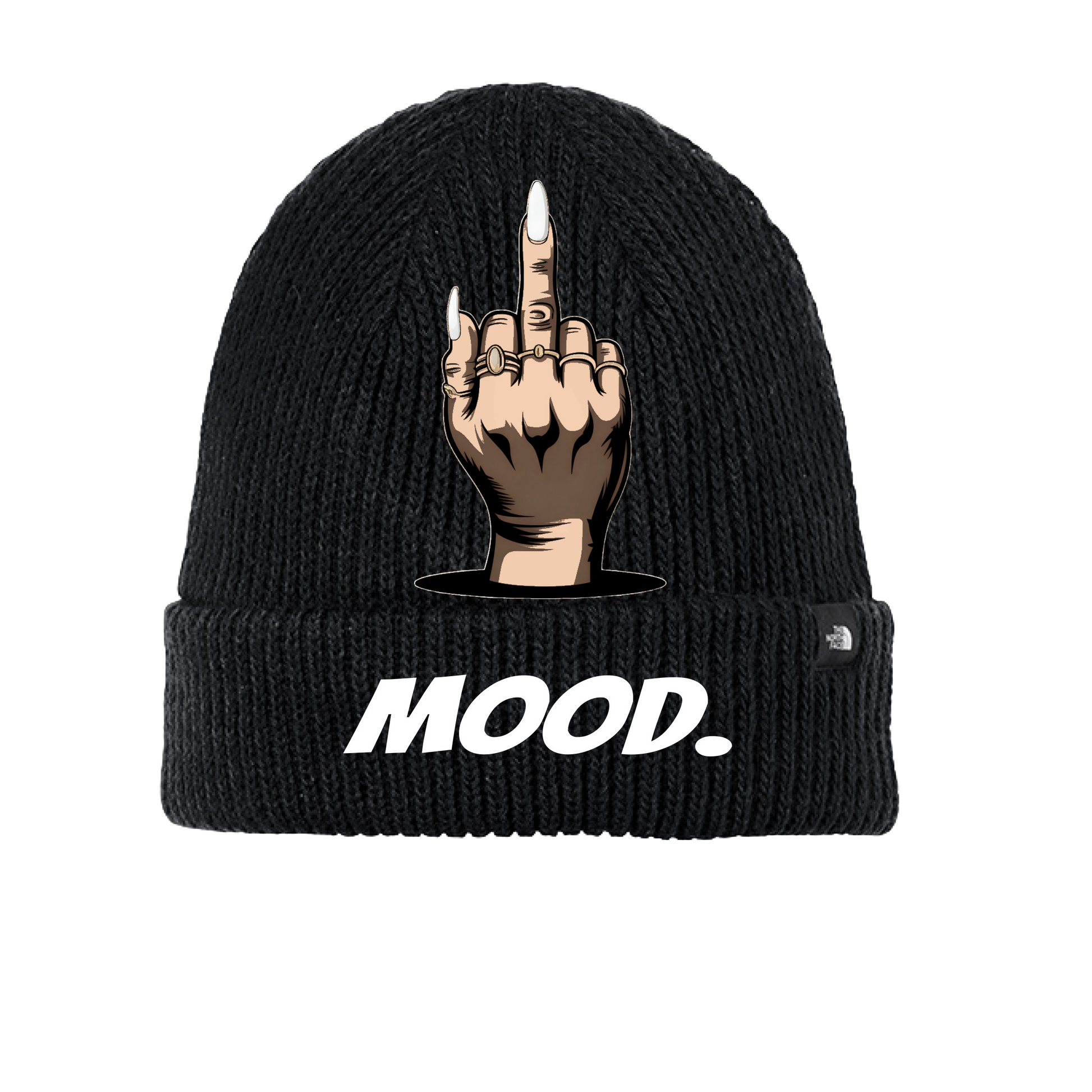 A ribbed knit beanie featuring a raised middle finger graphic and the word "MOOD." on the cuff, fleece-lined for warmth.
