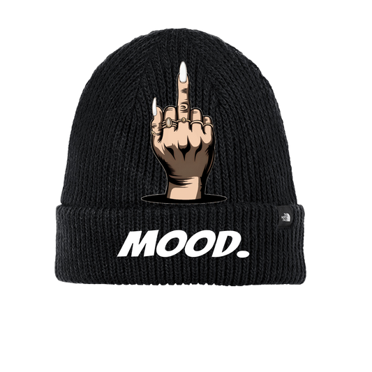A ribbed knit beanie featuring a raised middle finger graphic and the word "MOOD." on the cuff, fleece-lined for warmth.